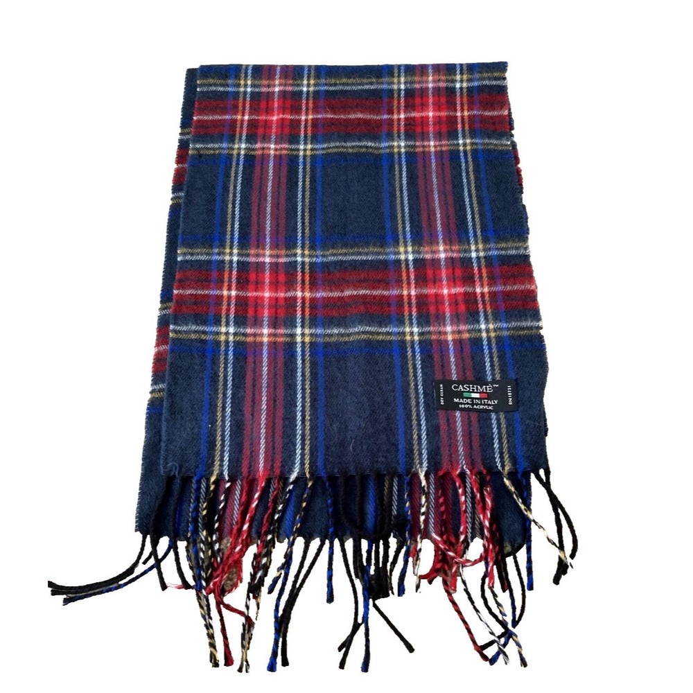 Cashme Plaid Scarf 60" x 11"  Multicolored Fringe Made In Italy Acrylic